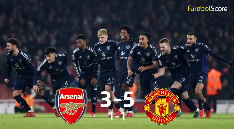 O Man Utd. empata com um a menos e vence o Arsenal nos pênaltis para se classificar para a final da Copa da Inglaterra